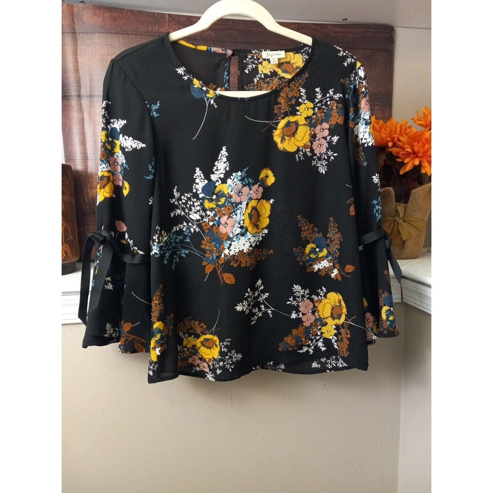 Lily‎ White Womens Black Floral Flutter Sleeve Sheer Blouse Size M